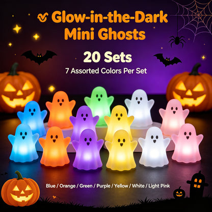 🎃 Glow‑in‑the‑Dark Mini Ghosts – Cute Halloween Hanging Decorations, 7 Assorted Colors Per Set