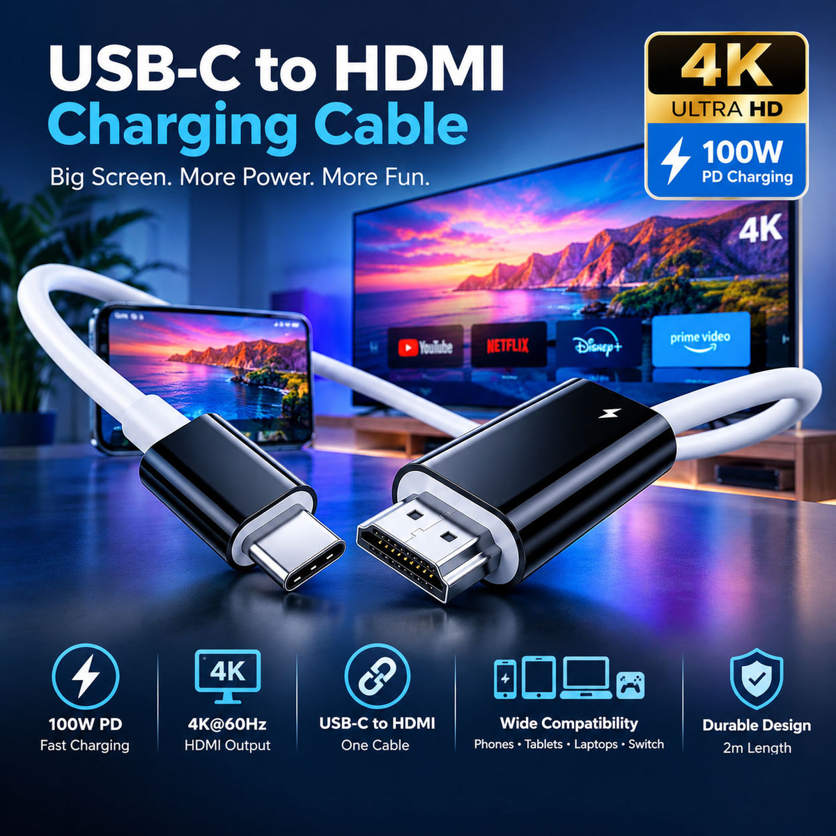 🔌 USB-C to HDMI Cable with 100W PD Charging – 4K@60Hz Video Output