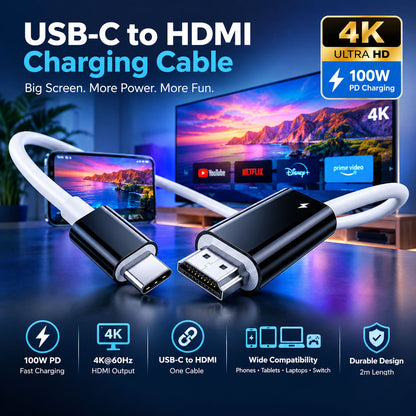 🔌 USB-C to HDMI Cable with 100W PD Charging – 4K@60Hz Video Output
