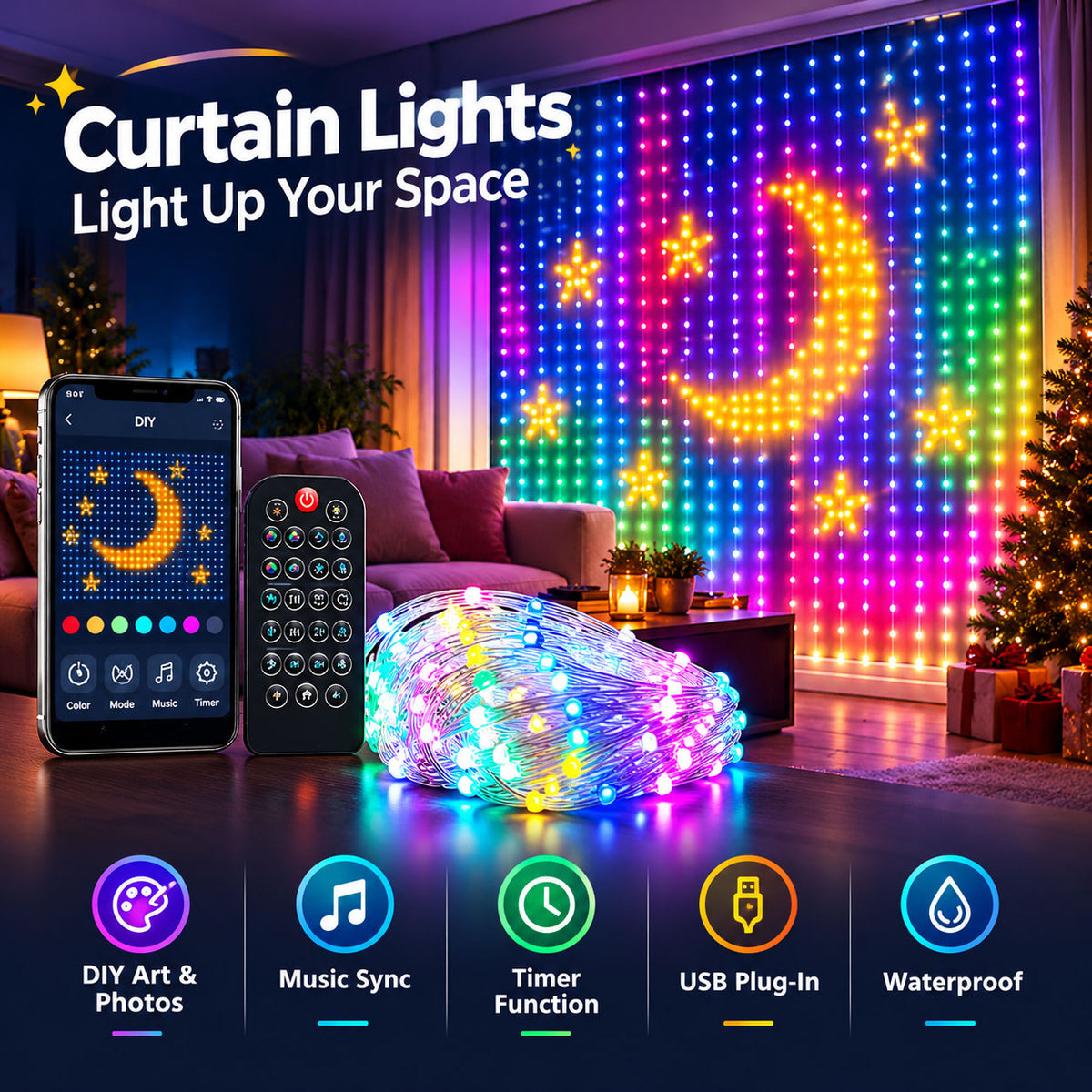 🎄 Christmas Waterproof LED Curtain String Lights – Create a Magical Holiday Glow