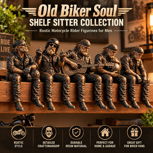 🏍️Old Biker Soul Shelf Sitter Collection – Rustic Motorcycle Rider Figurines for Men