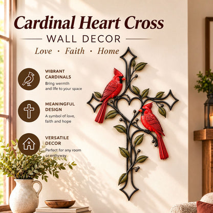 ❤️🐦 Love Stays Close – Cardinal Heart Cross Wall Decor