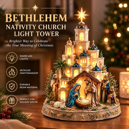 ✨ Bethlehem Nativity Church Light Tower | Light-Up Holy Family Manger Scene & Christmas Tabletop Decor
