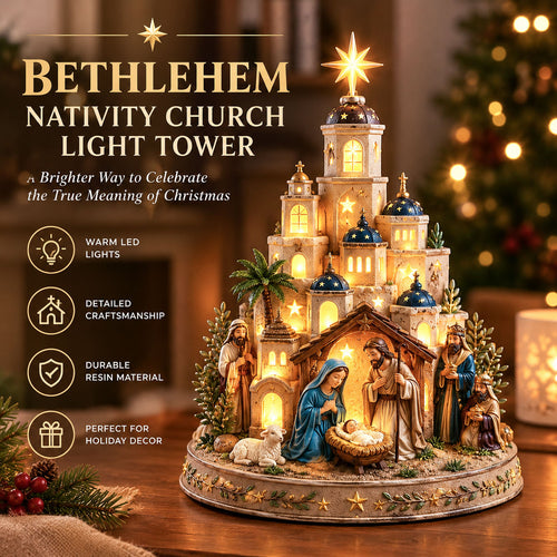 ✨ Bethlehem Nativity Church Light Tower | Light-Up Holy Family Manger Scene & Christmas Tabletop Decor