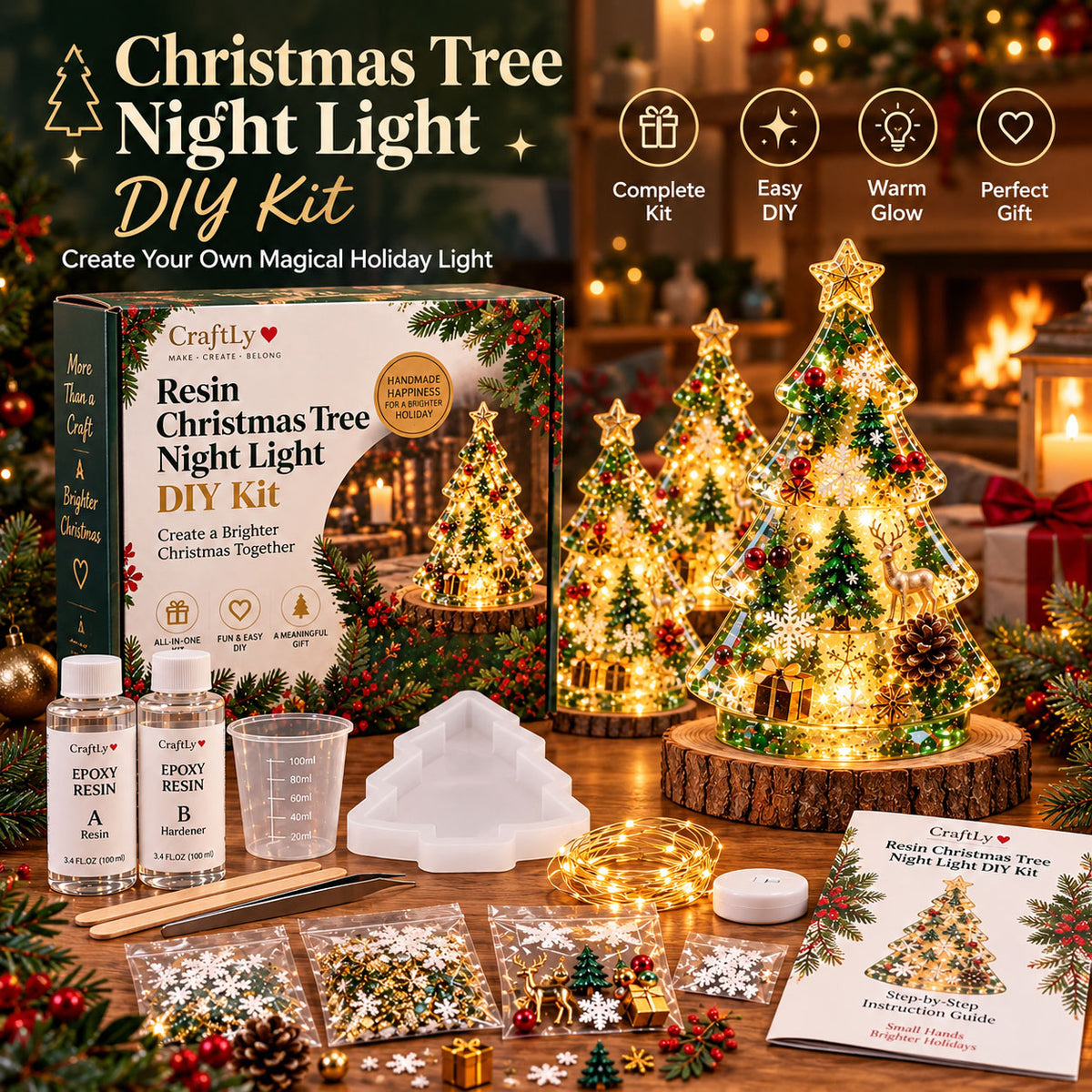 🎄 Christmas Tree Night Light DIY Kit | Complete Kit with Mold, Resin, Fairy Lights & Festive Decorations ✨