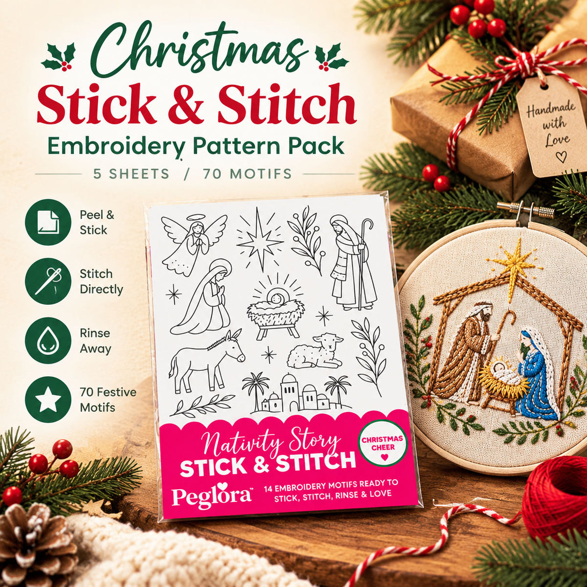 🎄Christmas Stick & Stitch Embroidery Pattern Pack – 5 Sheets / 70 Wash-Away Embroidery Motifs🧵