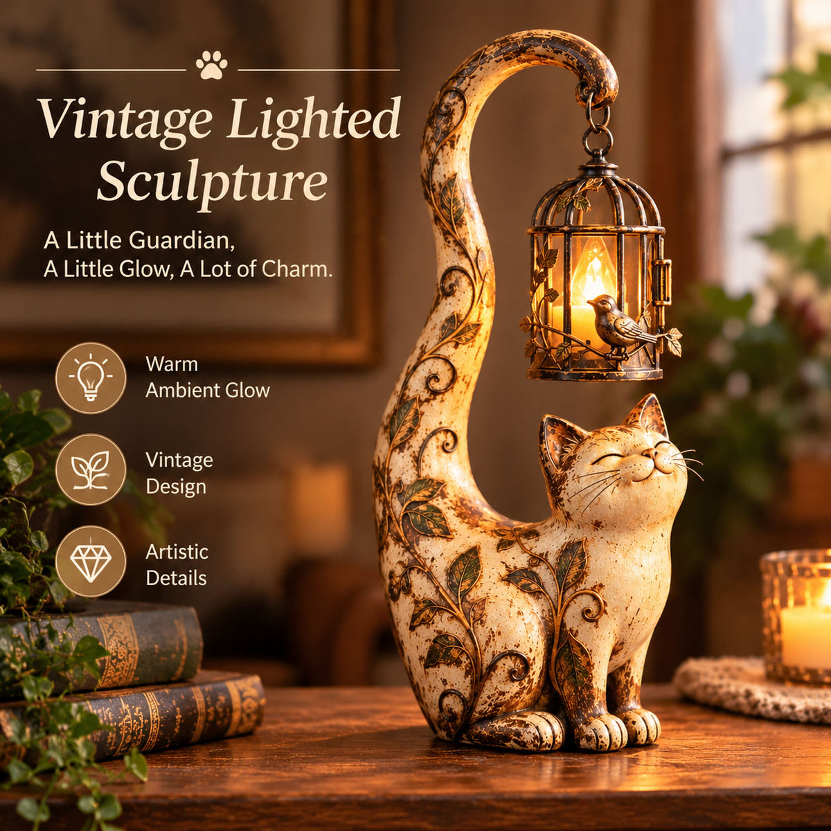 🐱✨ Little Guardian Cat Lantern™ | Vintage Lighted Sculpture