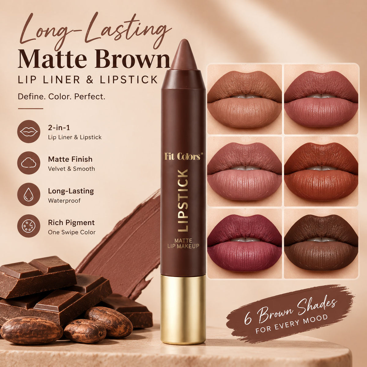 💄Long-Lasting Matte Brown Lip Liner & Lipstick – 6 Colors
