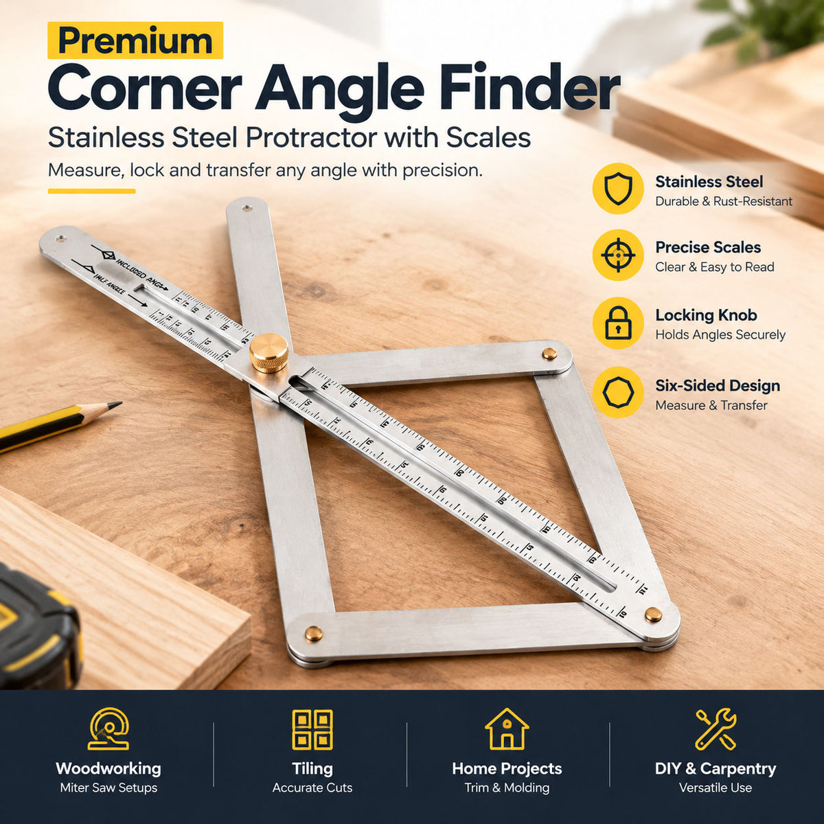 📐New Premium Corner Angle Finder, Stainless Steel Protractor Digital Angle Finder with Scales