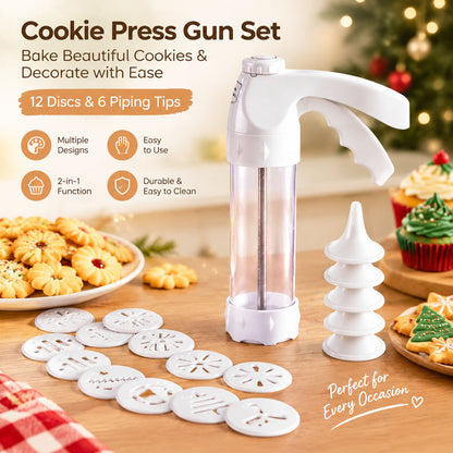 dht™⭐ Cookie Press Gun Set with 12 Discs & 6 Piping Tips | Spritz Cookie Maker for Baking & Decorating